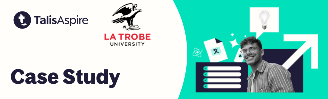 Text reads "Case study" with Talis Aspire and La Trobe University logo. Illustrations shows male student with reading list icons e.g. arrows, papers, checklist and lightbulb