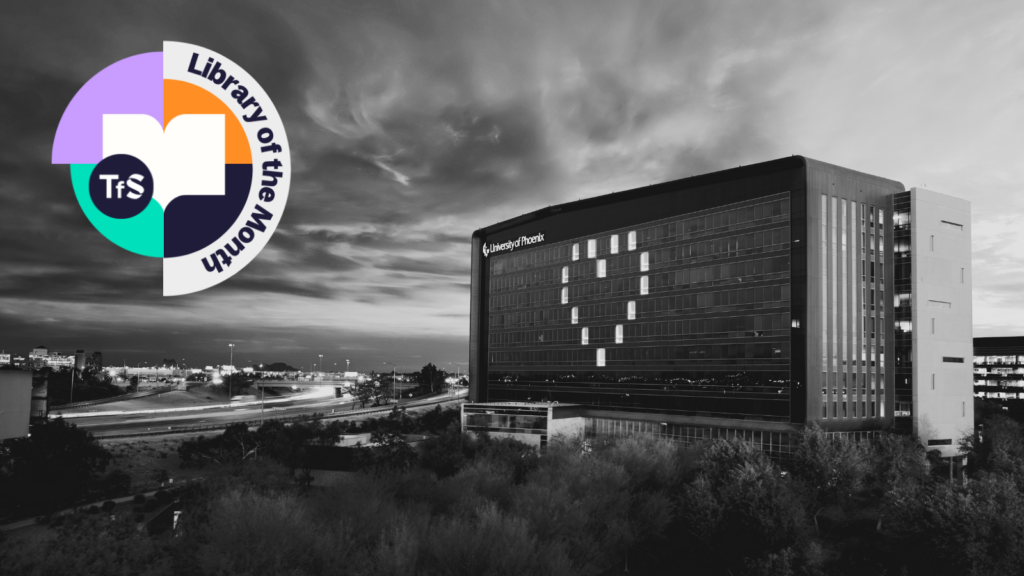 Black and white image of University of Phoenix library with Library of the Month logo in the top left corner