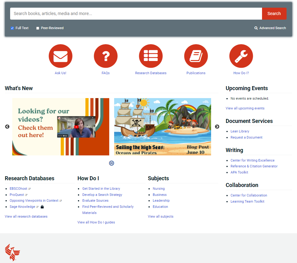 Screenshot of University of Phoenix library homepage