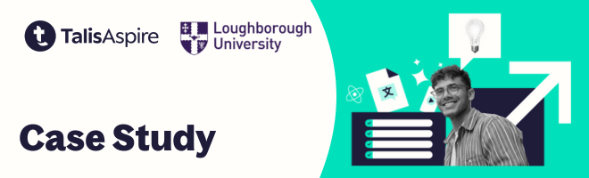 Text reads "Case study" with Talis Aspire and University of Loughborough logo. Illustrations shows male student with reading list icons e.g. arrows, papers, checklist and lightbulb