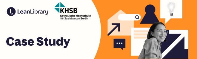 Text reads "Case study" with Lean Library and KHSB Berlin logo. Illustrations shows female student with research icons e.g. arrows, search bar, lightbulb, reports