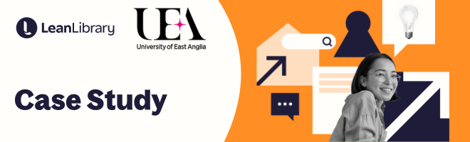 Text reads "Case study" with Lean Library and University of East Anglia logo. Illustrations shows female student with research icons e.g. arrows, search bar, lightbulb, reports