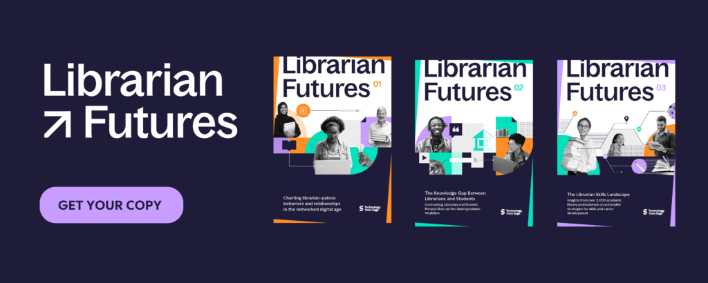 Text says Librarian Futures and CTA button Get Your Copy with cover images of all three of Technology from Sage's Librarian Futures reports