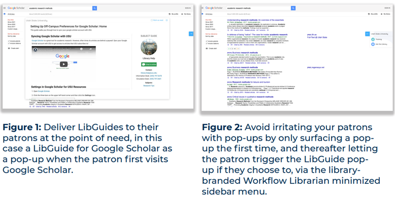 Figure 1 shows how Utah State have used LibGuides to deploy a pop-up for patrons when they first visit Google Scholar. Figure 2 shows a screenshot of how the pop-up only appears the first time and is not triggered after, so as not to annoy patrons