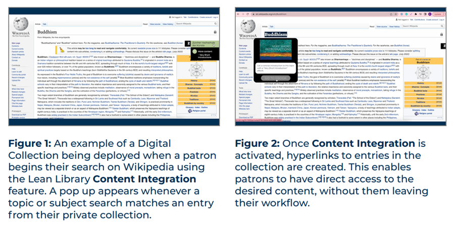 Figure 1 is a screenshot showing a digital collection being deployed when a patron begins their search on Wikipedia. Figure 2 is a screenshot showing the Lean Library content integration being activated, taking patrons to library collections at point-of-need.