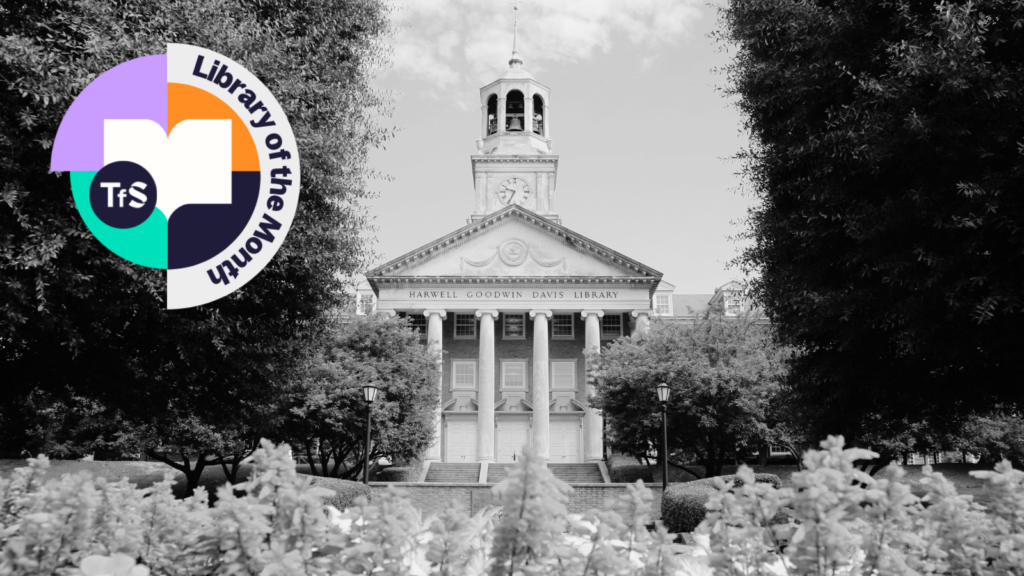 Black and white photo of Samford University library with Library of the Month logo in the top left-hand corner