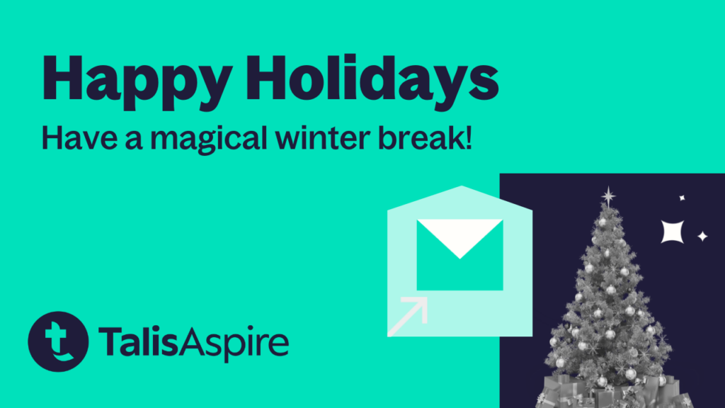 Text reads "Happy Holidays from Talis Aspire" with a Christmas tree photo