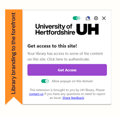 Text reads "Library branding at the forefront" and shows University of Hertfordshire assist message deployed via Lean Library with CTA button with "Get access" 