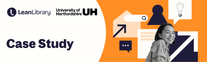 Text reads "Case study" with Lean Library and University of Herefordshire logo. Illustrations shows female student with research icons e.g. arrows, search bar, lightbulb, reports