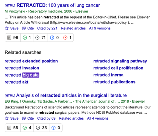 Screenshot showing redacted articles with the Lean Library Scite feature 