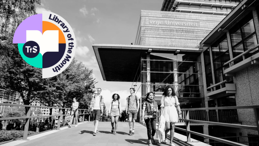 Black and white photo of VU Amsterdam university library with students walking in front of the building, Technology from Sage Library of the Month logo in the corner