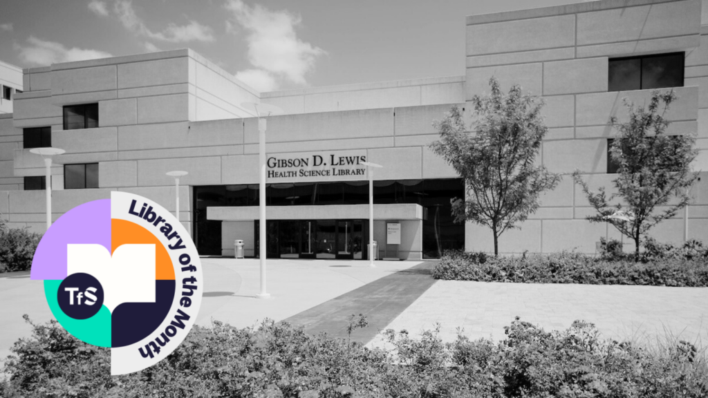 Black and white photo of a library with Technology from Sage Library of the Month logo